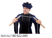 Martial arts master with nunchucks on white. Стоковое фото, агентство Ingram Publishing / Фотобанк Лори