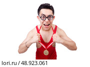 Funny wrestler with winners gold medal. Стоковое фото, агентство Ingram Publishing / Фотобанк Лори