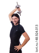 Man training with dumbbells on white. Стоковое фото, агентство Ingram Publishing / Фотобанк Лори