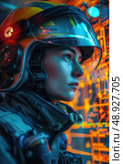 A woman wearing a futuristic helmet looks intently at a large digital display, illuminated by a warm orange glow. Стоковое AI-изображение, AI-художник Данила Большаков / Фотобанк Лори