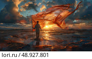 A person stands on a beach holding a large orange flag that is billowing in the wind. The sun is setting in the background and the sky is filled with clouds. Стоковое AI-изображение, AI-художник Данила Большаков / Фотобанк Лори