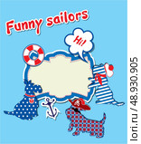 Card with funny scottish terrier dogs  - sailors, anchor, lifebuoy and empty frame for text. Стоковая иллюстрация, агентство Ingram Publishing / Фотобанк Лори