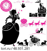 Fairytale Set - silhouettes of Cinderella, Pumpkin carriage with mouses, castle and clock. Стоковая иллюстрация, агентство Ingram Publishing / Фотобанк Лори