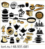Set of different food - bread, pie, biscuit, cakes, eaggs, omelette, cheese, milk, pizza, coffee, tea, beer. Set of tableware - dish, plate, cup, pan, kettle, tureen, mug. Стоковая иллюстрация, агентство Ingram Publishing / Фотобанк Лори