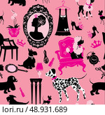 Seamless pattern with glamour accessories, furniture, girl portrait and dogs (Dalmatian, dachshund, terrier, poodle, chihuahua)  - black silhouettes on pink background. Ready to use as swatch. Стоковая иллюстрация, агентство Ingram Publishing / Фотобанк Лори