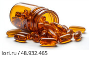 Golden omega-3 capsules spill from amber bottle on a clean white background. Золотые капсулы омега-3, высыпанные из янтарной бутылки, на чистом белом фоне. Стоковое AI-изображение, AI-художник Katsiaryna Repich / Фотобанк Лори