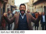 Urban Elegance: dashing man in suit and tie exudes confidence and authority as he stands in the center of bustling city street. Стоковое AI-изображение, AI-художник Данила Большаков / Фотобанк Лори
