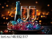 Effervescent Elegance: Two glasses of champagne glisten in the foreground as an exquisite bottle of champagne stands tall in the background, evoking a sense of celebratory elegance and joyous anticipation. Стоковое AI-изображение, AI-художник Данила Большаков / Фотобанк Лори