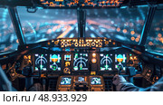 A close-up view of the cockpit of a plane preparing for takeoff at night. The pilots hand is visible on the controls, and the runway lights are visible through the windshield. Стоковое AI-изображение, AI-художник Данила Большаков / Фотобанк Лори