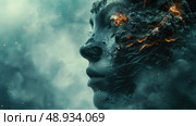 A close-up profile of a womans face, partially obscured by a stony and fiery landscape, against a hazy background. Стоковое AI-изображение, AI-художник Данила Большаков / Фотобанк Лори