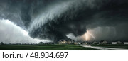 Tornado over community village. Scary illustration of natural phenomenon. AI-generated. Стоковое AI-изображение, AI-художник Катерина Ковалева / Фотобанк Лори