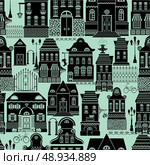 Seamless pattern with fairy tale houses, lanterns, trees. City endless background. Ready to use as swatch. Black silhouettes on blue background. Стоковая иллюстрация, агентство Ingram Publishing / Фотобанк Лори