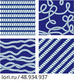 Set of Seamless nautical patterns on blue background with white rope. Стоковая иллюстрация, агентство Ingram Publishing / Фотобанк Лори