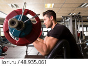 biceps preacher bench arm curl workout man at fitness gym. Стоковое фото, агентство Ingram Publishing / Фотобанк Лори