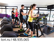 Aerobics elliptical walker trainer group at fitness gym workout. Стоковое фото, агентство Ingram Publishing / Фотобанк Лори