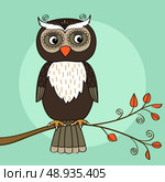 Owl on tree branch with leaves vector illustration. Стоковая иллюстрация, агентство Ingram Publishing / Фотобанк Лори
