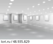 Realistic gallery hall with blank white canvases vector illustration. Стоковая иллюстрация, агентство Ingram Publishing / Фотобанк Лори