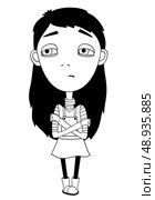 Sulky girl with braid and big eyes not smiling for print isolated vector illustration. Стоковая иллюстрация, агентство Ingram Publishing / Фотобанк Лори