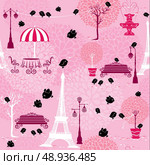 Seamless pattern with black birds silhouettes (sparrows) and town landscape with Effel Tower on a pink floral background.  Ready to use as swatch. Стоковая иллюстрация, агентство Ingram Publishing / Фотобанк Лори