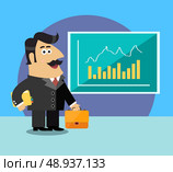Business life shareholder in suit  with briefcase and paper folder near the chart scene concept vector illustration. Стоковая иллюстрация, агентство Ingram Publishing / Фотобанк Лори