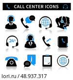 Call center service icons set of contacts mobile phone and communication isolated vector illustration. Стоковая иллюстрация, агентство Ingram Publishing / Фотобанк Лори