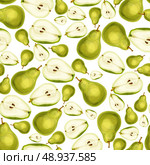 Seamless pear fruit sliced in half with seed and leaves pattern hand drawn sketch vector illustration. Стоковая иллюстрация, агентство Ingram Publishing / Фотобанк Лори