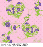 Seamless pattern - Convolvulus Flowers hearts on polka dot pink baskground. Стоковая иллюстрация, агентство Ingram Publishing / Фотобанк Лори