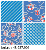 Set of Seamless nautical patterns on blue background with white rope, anchors, wheels, lifebuoy. Ready to use as swatch. Стоковая иллюстрация, агентство Ingram Publishing / Фотобанк Лори