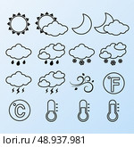 Weather forecast symbols contour pictograms set of clear stormy and snowy sky vector illustration. Стоковая иллюстрация, агентство Ingram Publishing / Фотобанк Лори