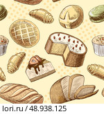 Puff pastry macaron croissant cheese cake and wheat rye bread seamless food pattern vector illustration. Стоковая иллюстрация, агентство Ingram Publishing / Фотобанк Лори