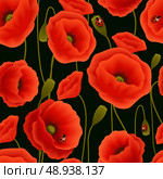 Romantic floral seamless pattern of poppy flowers and ladybirds vector illustration. Стоковая иллюстрация, агентство Ingram Publishing / Фотобанк Лори