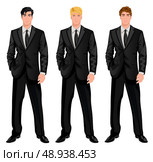 Three young handsome businessmen in formal suits with various hair color tints and haircut styles vector illustration. Стоковая иллюстрация, агентство Ingram Publishing / Фотобанк Лори