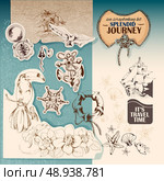 Sea vintage scrapbooking kit of sailing ship anchor seagull stickers vector illustration. Стоковая иллюстрация, агентство Ingram Publishing / Фотобанк Лори