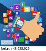 Smart watch smartphone sync concept with thumbs up hand and mobile apps icons vector illustration. Стоковая иллюстрация, агентство Ingram Publishing / Фотобанк Лори