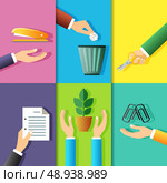 Business hands gestures design elements of office stationery and plant isolated vector illustration. Стоковая иллюстрация, агентство Ingram Publishing / Фотобанк Лори