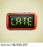 Realistic digital alarm clock with lcd display wake up concept text vector illustration. Стоковая иллюстрация, агентство Ingram Publishing / Фотобанк Лори