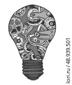 Sketch grunge cogwheel gears mechanisms lightbulb isolated vector illustration. Стоковая иллюстрация, агентство Ingram Publishing / Фотобанк Лори