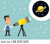 Cartoon male astronomer observes jupiter in telescope print with space elements on background vector illustration. Стоковая иллюстрация, агентство Ingram Publishing / Фотобанк Лори