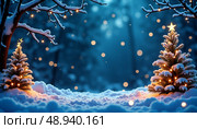 Fluffy snow blankets the ground while enchanting Christmas trees glisten under soft lights, creating a serene atmosphere in a magical winter forest Generative AI. Стоковое AI-изображение, AI-художник Юлия Петровская / Фотобанк Лори