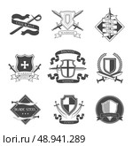 Swords shields courage warrior spirit immortal power label set isolated vector illustration. Стоковая иллюстрация, агентство Ingram Publishing / Фотобанк Лори