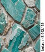 Vivid shades of turquoise emerge from carved pieces of amazonite mineral stone, each exhibiting distinct textures and patterns, revealing natures artistry in every aspect Generative AI. Стоковое AI-изображение, AI-художник Юлия Петровская / Фотобанк Лори