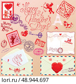 Collection of love mail design elements - stamps, envelops, postcard - Valentine`s Day or Wedding postage set. Стоковая иллюстрация, агентство Ingram Publishing / Фотобанк Лори
