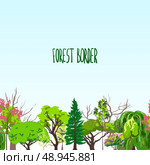 Decorative summer spring season forest border daylight deciduous shrubs and coniferous trees foliage abstract sketch vector illustration. Стоковая иллюстрация, агентство Ingram Publishing / Фотобанк Лори