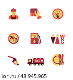 Gas petrol fuel pay at the pump 24h availability station icons set flat isolated abstract vector illustration. Стоковая иллюстрация, агентство Ingram Publishing / Фотобанк Лори