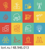 Pollution toxic environment damage radioactive garbage and global warming outline icons isolated vector illustration. Стоковая иллюстрация, агентство Ingram Publishing / Фотобанк Лори