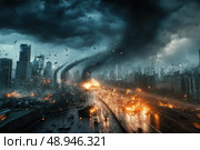 A fierce windstorm unleashes havoc in the city. Dark clouds spiral as the tempest tears rooftops and twists metals, creating an apocalyptic and chaotic scene with shattered glass everywhere. Стоковое AI-изображение, AI-художник Nart / Фотобанк Лори