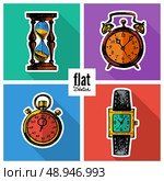 Set of sketch hand drawn clocks. Flat icons. Стоковая иллюстрация, агентство Ingram Publishing / Фотобанк Лори