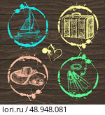 Travel and vacation stamp collection - for your design, scrapbook - in vector. Travel set with hand drawn illustrations. Стоковая иллюстрация, агентство Ingram Publishing / Фотобанк Лори