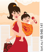 Active mother with baby girl in a sling . Стоковая иллюстрация, агентство Ingram Publishing / Фотобанк Лори