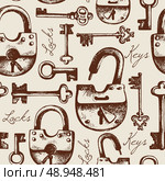 Vintage seamless pattern of hand drawn locks and keys	. Стоковая иллюстрация, агентство Ingram Publishing / Фотобанк Лори